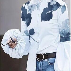 STYLEWE Blue Puff Sleeve Ruffled Blouse